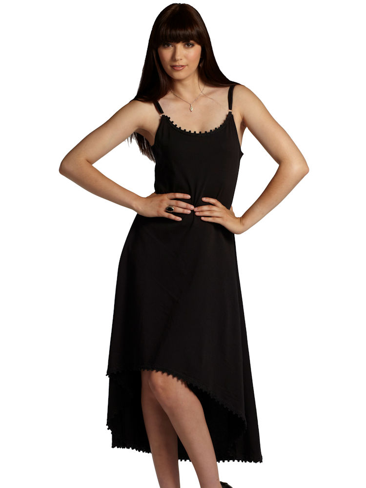 A woman wearing a fair trade little black dress made from organic cotton.